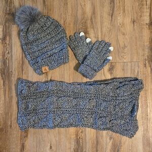 Gray Knit Pom Pom Beanie, Infinity Scarf, and Texting Gloves Set